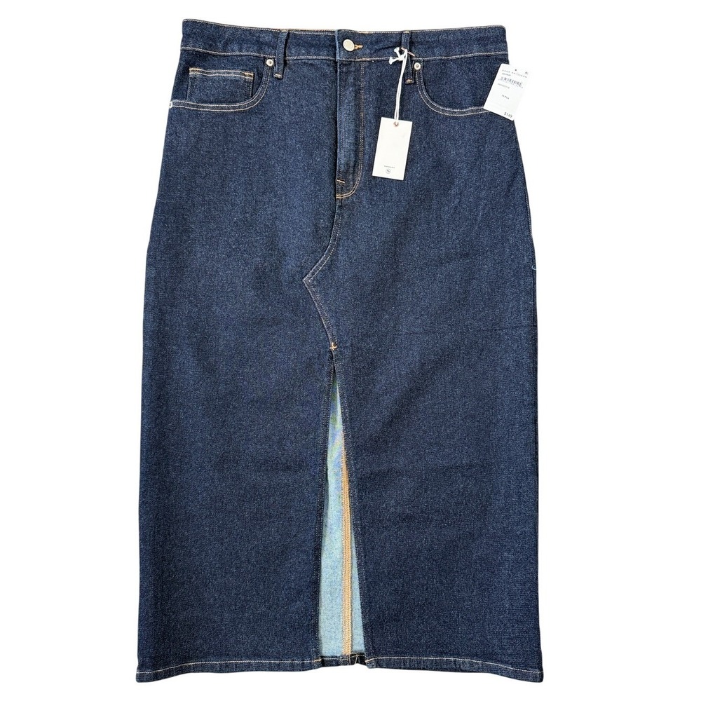 Good American Front Slit Denim Midi Skirt Indigo Size 15 NWT GFD029